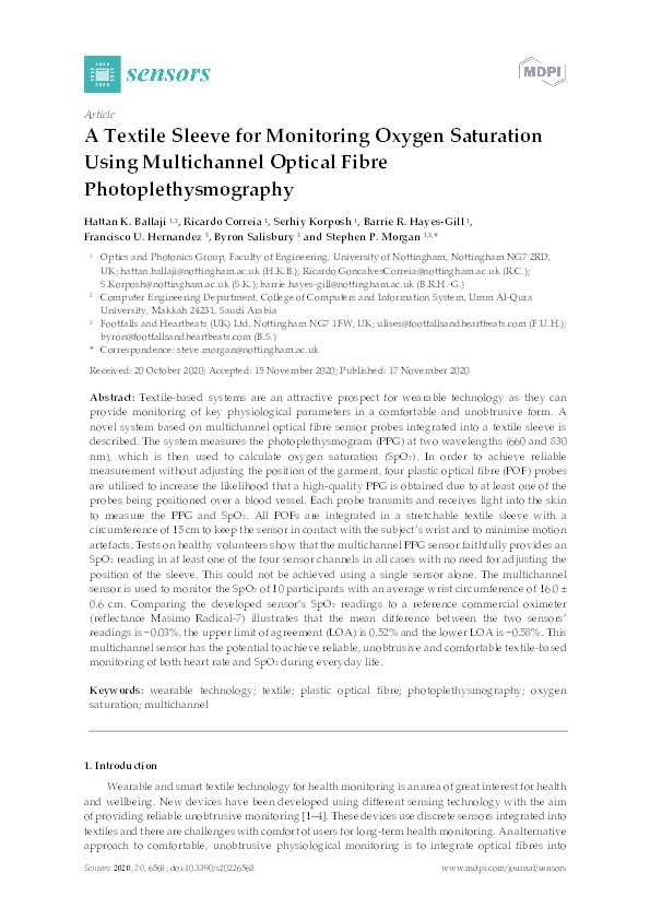 A Textile Sleeve for Monitoring Oxygen Saturation Using Multichannel Optical Fibre Photoplethysmography Thumbnail