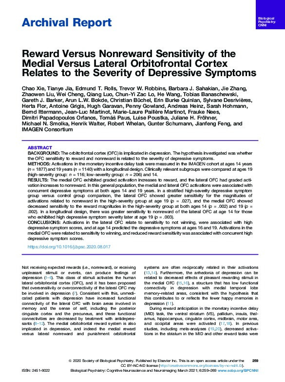 Reward Versus Nonreward Sensitivity of the Medial Versus Lateral Orbitofrontal Cortex Relates to the Severity of Depressive Symptoms Thumbnail