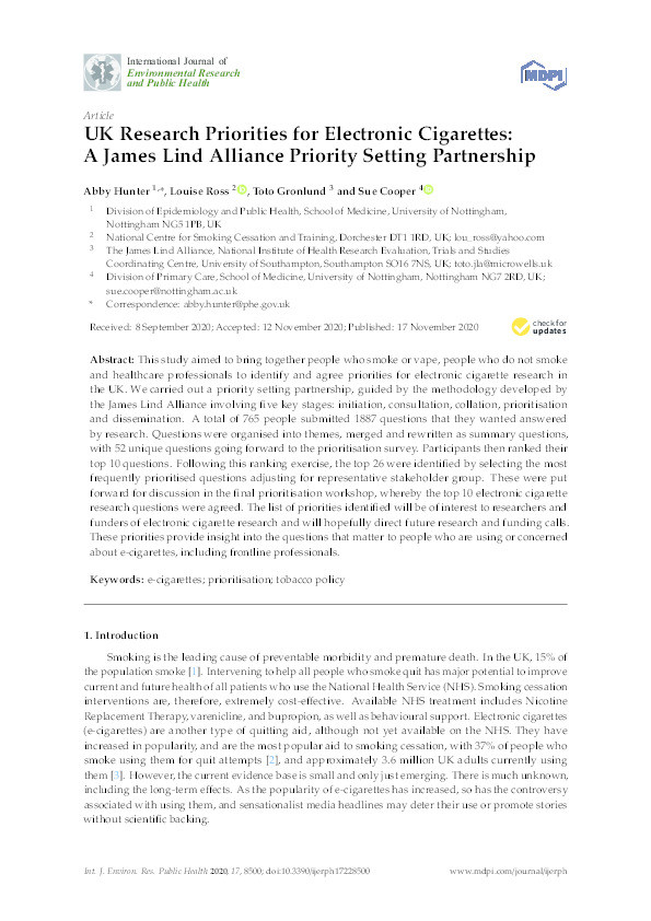 UK Research Priorities for Electronic Cigarettes: A James Lind Alliance Priority Setting Partnership Thumbnail