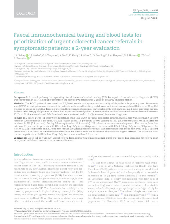 Faecal immunochemical testing and blood tests for prioritization of urgent colorectal cancer referrals in symptomatic patients: a 2-year evaluation Thumbnail