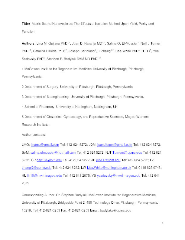 Matrix-Bound Nanovesicles: The Effects of Isolation Method upon Yield, Purity, and Function Thumbnail