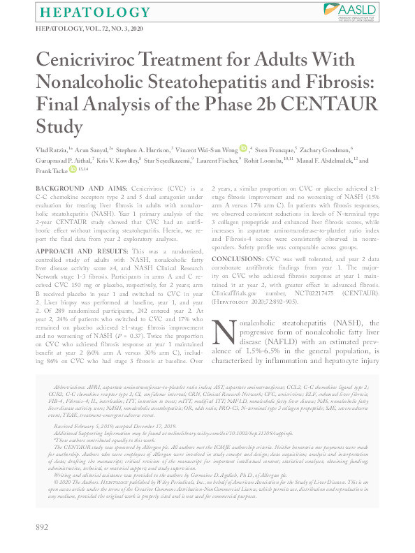 Cenicriviroc Treatment for Adults With Nonalcoholic Steatohepatitis and Fibrosis: Final Analysis of the Phase 2b CENTAUR Study Thumbnail