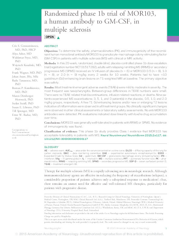 Randomized phase 1b trial of MOR103, a human antibody to GM-CSF, in multiple sclerosis Thumbnail