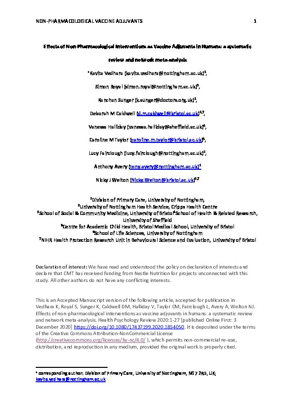Effects of non-pharmacological interventions as vaccine adjuvants in humans: a systematic review and network meta-analysis Thumbnail