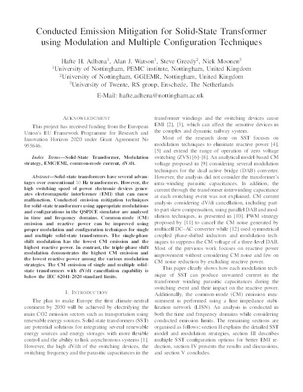 Conducted Emission Mitigation for Solid-State Transformer using Modulation and Multiple Configuration Techniques Thumbnail