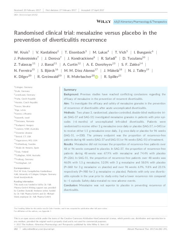 Randomised clinical trial: mesalazine versus placebo in the prevention of diverticulitis recurrence Thumbnail