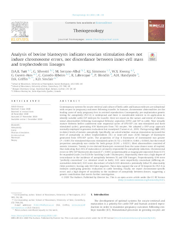 Analysis of bovine blastocysts indicates ovarian stimulation does not induce chromosome errors, nor discordance between inner-cell mass and trophectoderm lineages Thumbnail