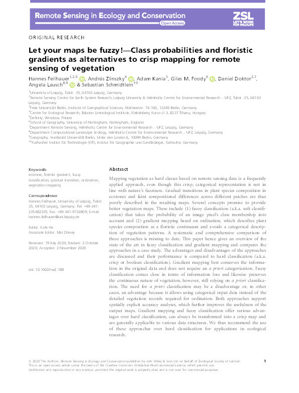 Let your maps be fuzzy!—Class probabilities and floristic gradients as alternatives to crisp mapping for remote sensing of vegetation Thumbnail