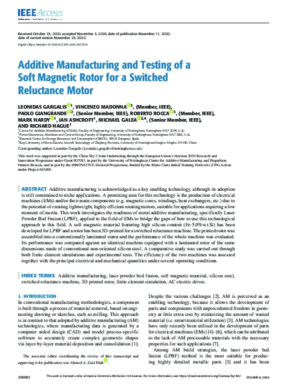 Additive Manufacturing and Testing of a Soft Magnetic Rotor for a Switched Reluctance Motor Thumbnail