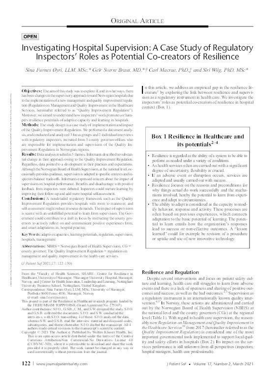 Investigating Hospital Supervision: A Case Study of Regulatory Inspectors’ Roles as Potential Co-creators of Resilience Thumbnail