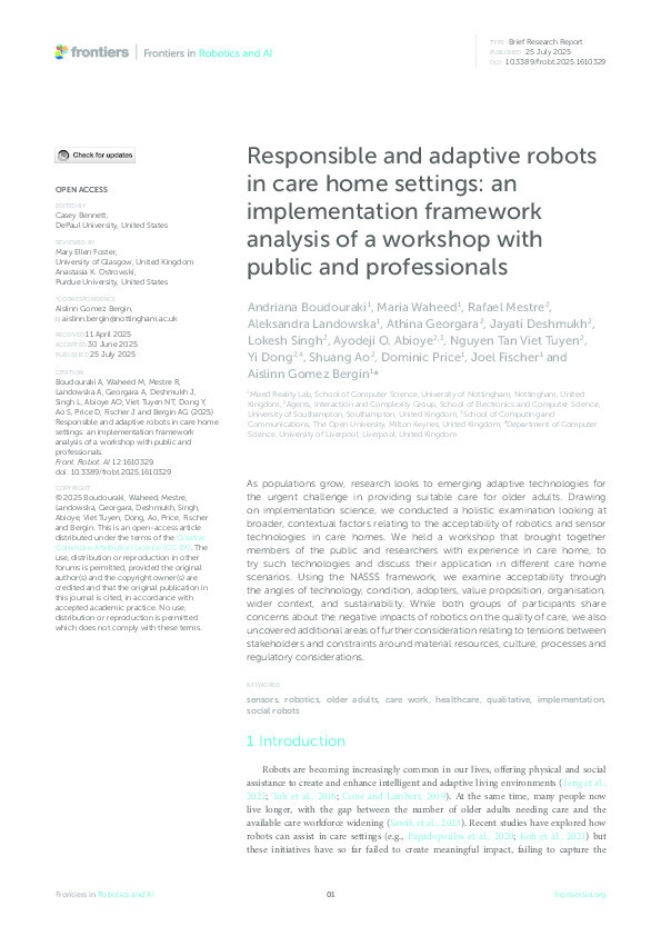 Responsible and adaptive robots in care home settings: an implementation framework analysis of a workshop with public and professionals Thumbnail