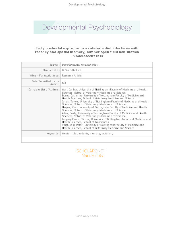 Early postnatal exposure to a cafeteria diet interferes with recency and spatial memory, but not open field habituation in adolescent rats Thumbnail