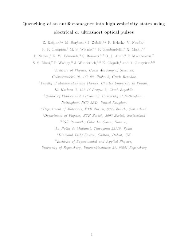 Quenching of an antiferromagnet into high resistivity states using electrical or ultrashort optical pulses Thumbnail