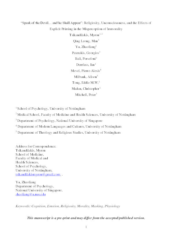 “Speak of the Devil… and he Shall Appear”: Religiosity, Unconsciousness, and the Effects of Explicit Priming in the Misperception of Immorality Thumbnail