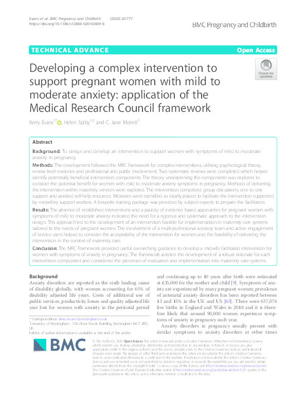 Developing a complex intervention to support pregnant women with mild to moderate anxiety: application of the Medical Research Council framework Thumbnail