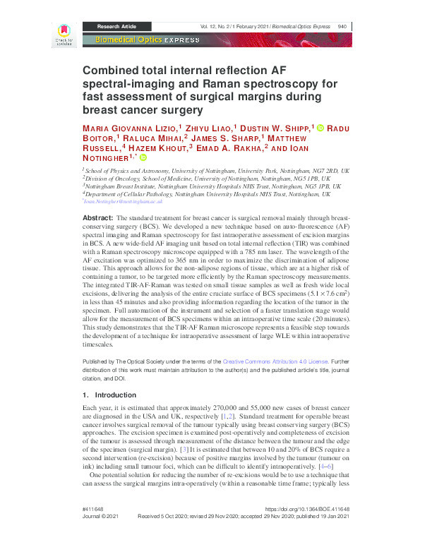 Combined total internal reflection AF spectral-imaging and Raman spectroscopy for fast assessment of surgical margins during breast cancer surgery Thumbnail