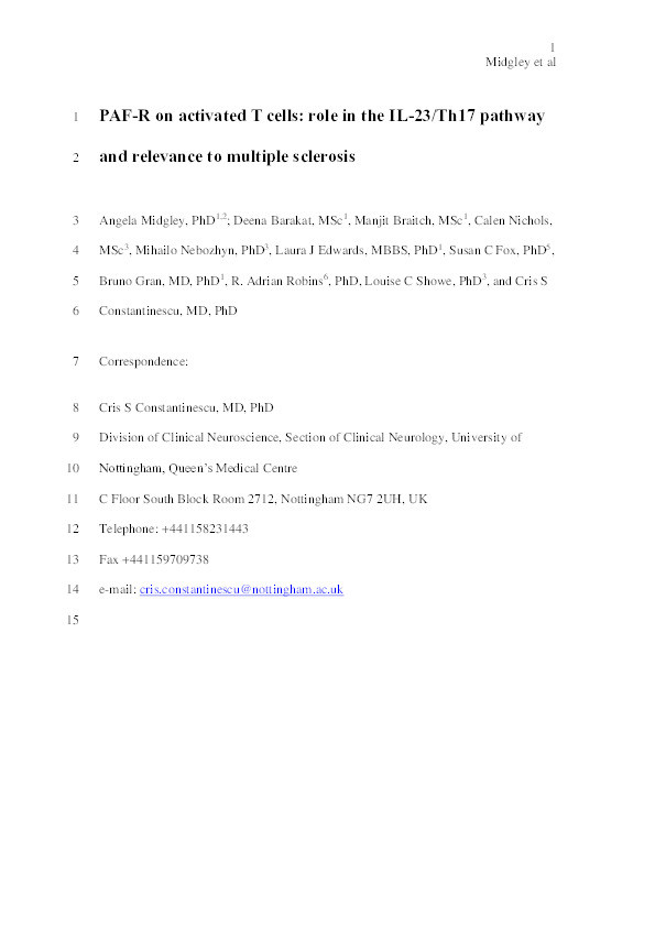 PAF-R on activated T cells: Role in the IL-23/Th17 pathway and relevance to multiple sclerosis Thumbnail