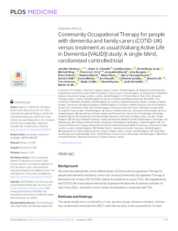 Community Occupational Therapy for people with dementia and family carers (COTiD-UK) versus treatment as usual (Valuing Active Life in Dementia [VALID]) study: a single-blind, randomised controlled trial Thumbnail