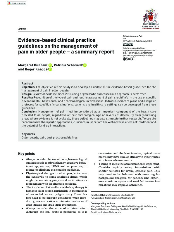 Evidence-based clinical practice guidelines on the management of pain in older people – a summary report Thumbnail