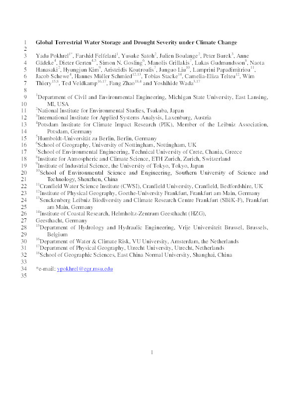 Global terrestrial water storage and drought severity under climate change Thumbnail