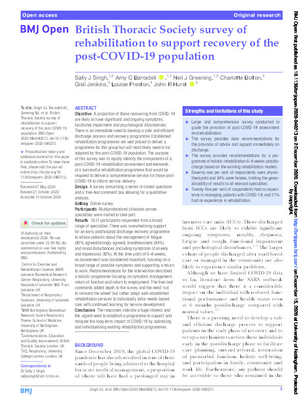 British Thoracic Society survey of rehabilitation to support recovery of the post-COVID- 19 population Thumbnail