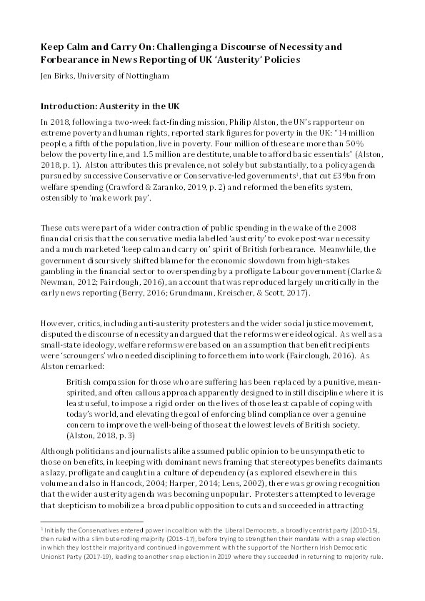 Keep Calm and Carry On: Challenging a Discourse of Necessity and Forbearance in News Reporting of UK “Austerity” Policies Thumbnail