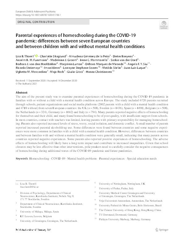 Parental experiences of homeschooling during the COVID-19 pandemic: differences between seven European countries and between children with and without mental health conditions Thumbnail