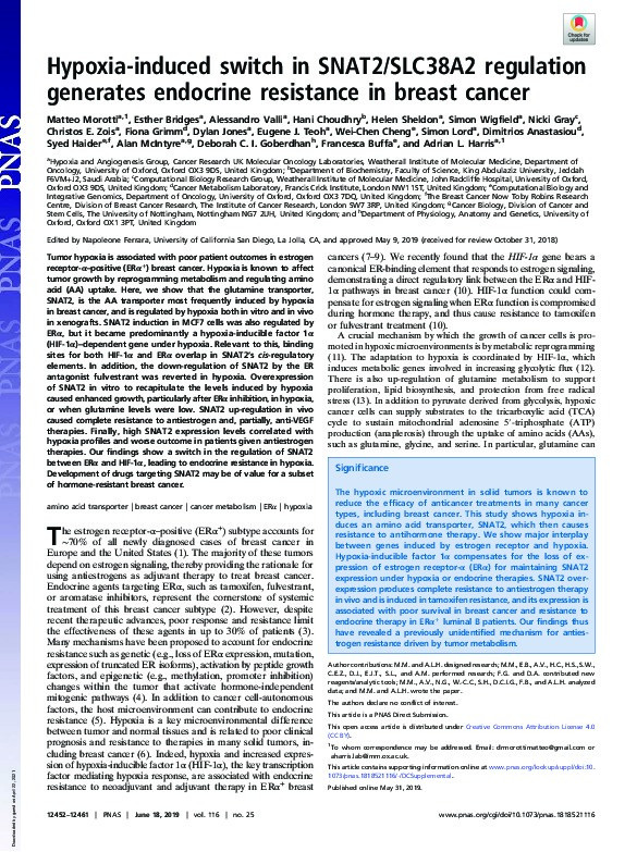 Hypoxia-induced switch in SNAT2/SLC38A2 regulation generates endocrine resistance in breast cancer Thumbnail