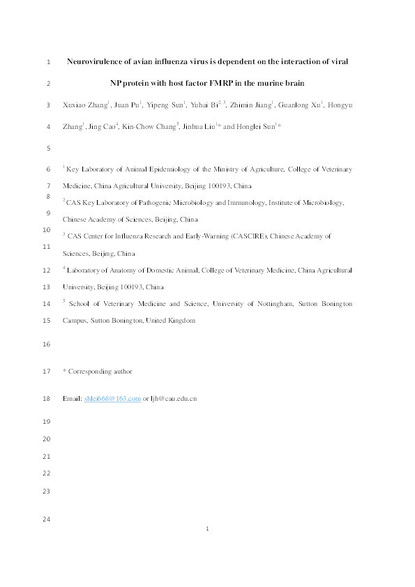 Neurovirulence of avian influenza virus is dependent on the interaction of viral NP protein with host factor FMRP in the murine brain Thumbnail