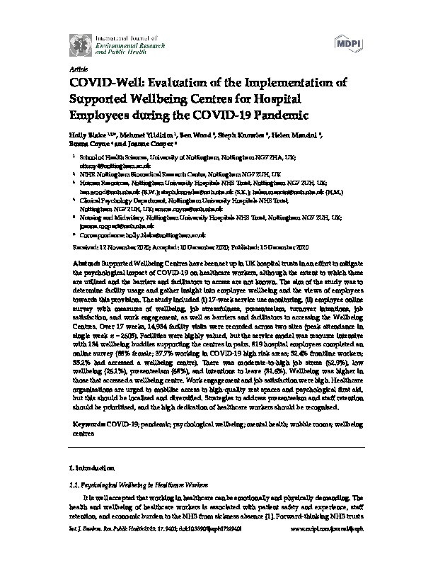 COVID-Well: Evaluation of the Implementation of Supported Wellbeing Centres for Hospital Employees during the COVID-19 Pandemic Thumbnail