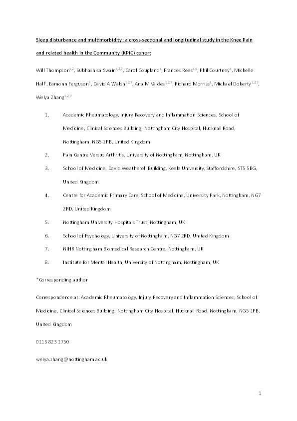 Sleep disturbance and multimorbidity: a cross-sectional and longitudinal study in the Knee Pain and related health in the Community (KPIC) cohort Thumbnail