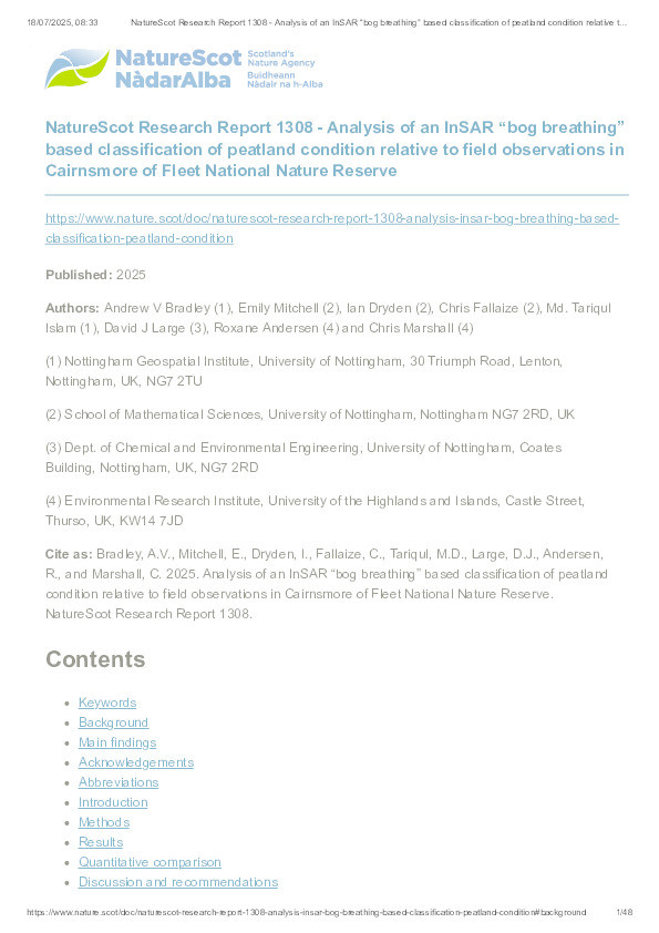 Analysis of an InSAR “bog breathing” based classification of peatland condition relative to field observations in Cairnsmore of Fleet National Nature Reserve Thumbnail