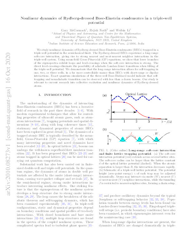 Nonlinear dynamics of Rydberg-dressed Bose-Einstein condensates in a triple-well potential Thumbnail