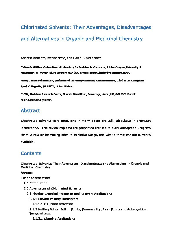 Chlorinated Solvents: Their Advantages, Disadvantages, and Alternatives in Organic and Medicinal Chemistry Thumbnail