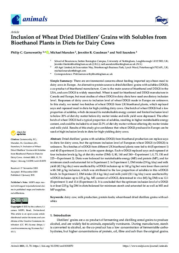 Inclusion of Wheat Dried Distillers’ Grains with Solubles from Bioethanol Plants in Diets for Dairy Cows Thumbnail