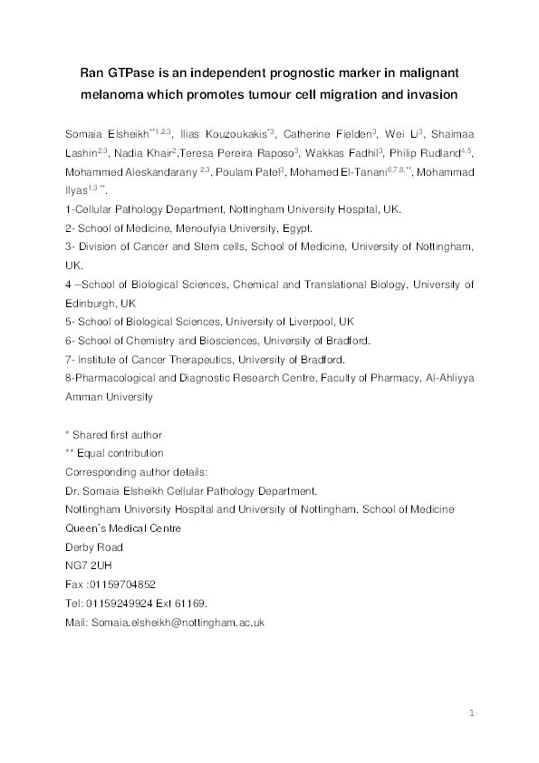 Ran GTPase is an independent prognostic marker in malignant melanoma which promotes tumour cell migration and invasion Thumbnail
