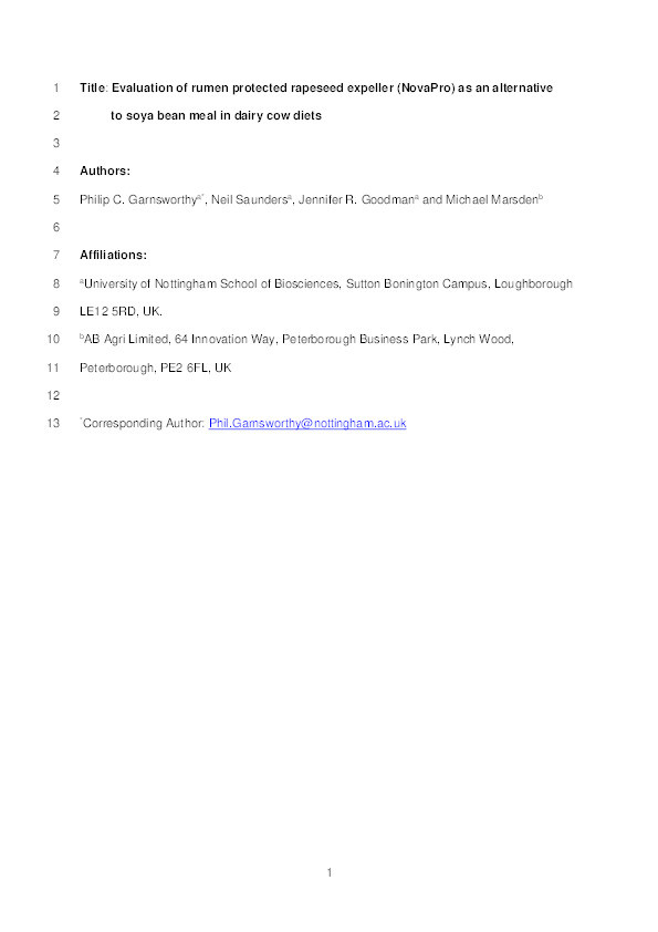 Evaluation of rumen protected rapeseed expeller (NovaPro) as an alternative to soya bean meal in dairy cow diets Thumbnail