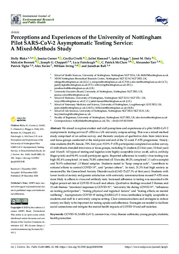  Perceptions and Experiences of the University of Nottingham Pilot SARS-CoV-2 Asymptomatic Testing Service: A Mixed-Methods Study Thumbnail