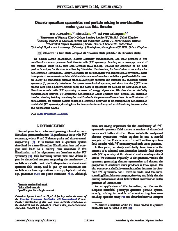 Discrete spacetime symmetries and particle mixing in non-Hermitian scalar quantum field theories Thumbnail