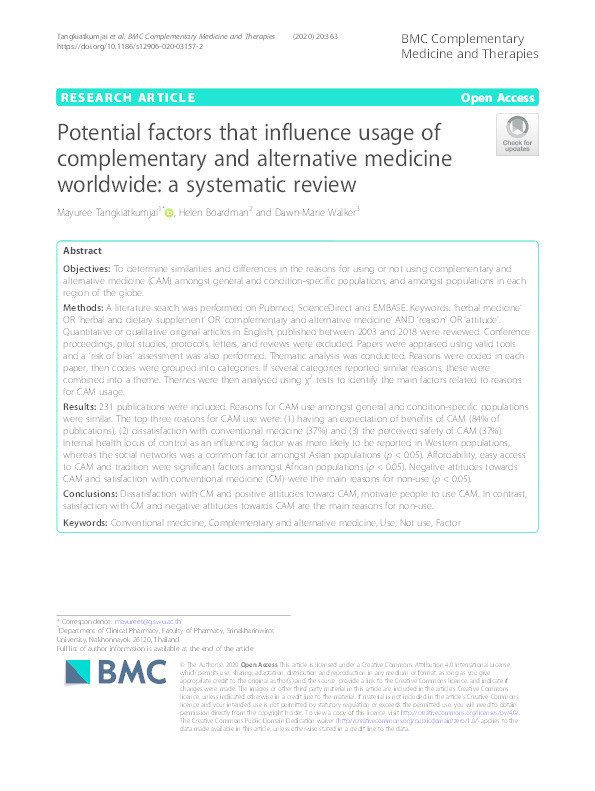 Potential factors that influence usage of complementary and alternative medicine worldwide: a systematic review Thumbnail