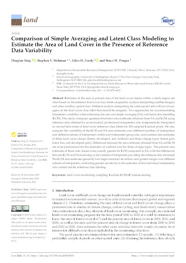 Comparison of simple averaging and latent class modeling to estimate the area of land cover in the presence of reference data variability Thumbnail