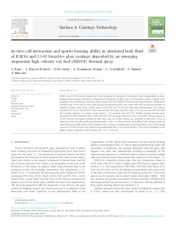 In-vitro cell interaction and apatite forming ability in simulated body fluid of ICIE16 and 13-93 bioactive glass coatings deposited by an emerging suspension high velocity oxy fuel (SHVOF) thermal spray Thumbnail