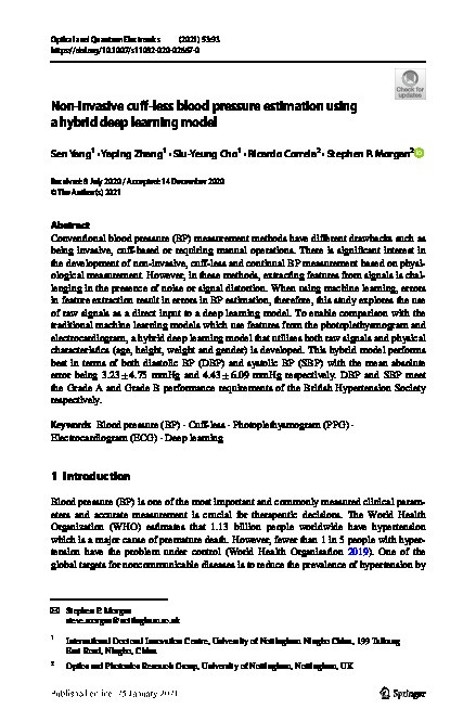 Non-invasive cuff-less blood pressure estimation using a hybrid deep learning model Thumbnail