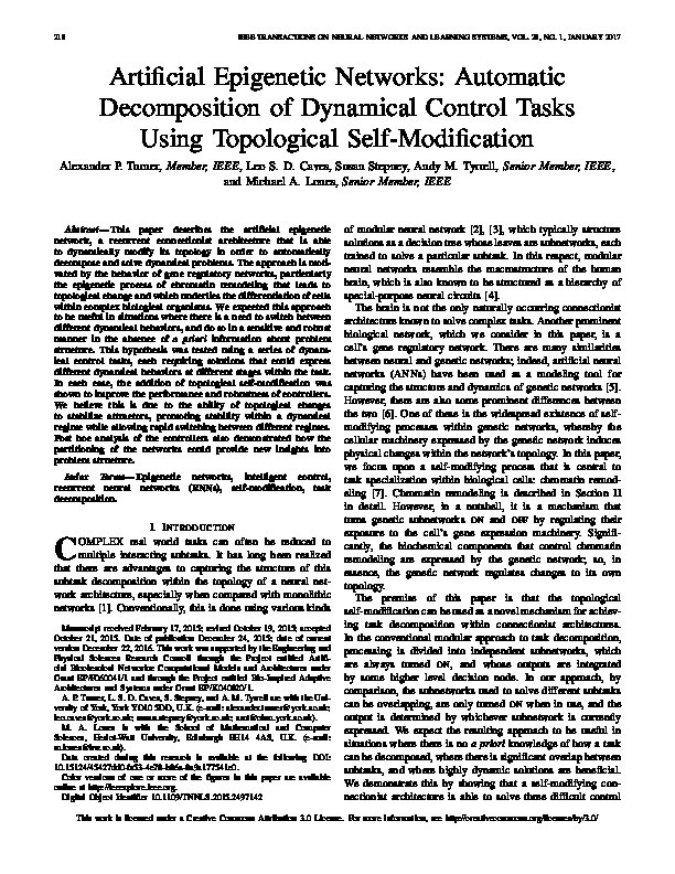 Artificial Epigenetic Networks: Automatic Decomposition of Dynamical Control Tasks Using Topological Self-Modification Thumbnail