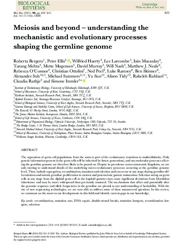 Meiosis and beyond – understanding the mechanistic and evolutionary processes shaping the germline genome Thumbnail