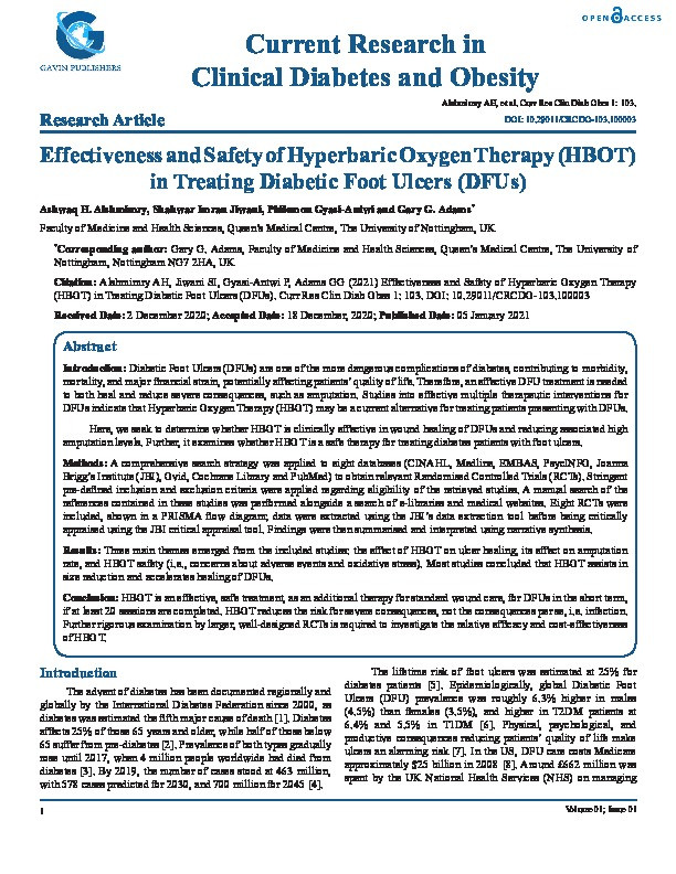 Effectiveness and Safety of Hyperbaric Oxygen Therapy (HBOT) in Treating Diabetic Foot Ulcers (DFUs) Thumbnail