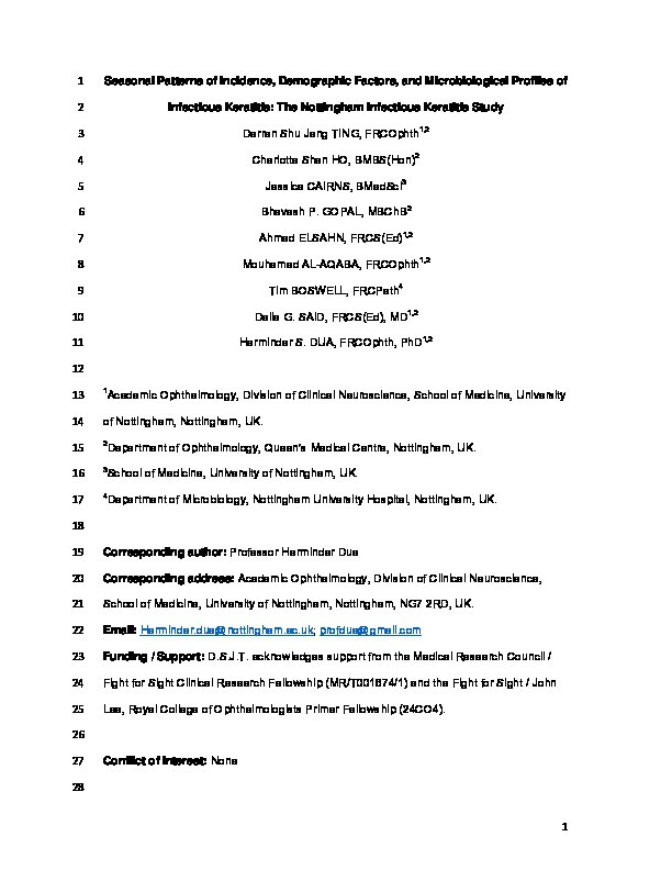 Seasonal patterns of incidence, demographic factors and microbiological profiles of infectious keratitis: the Nottingham Infectious Keratitis Study Thumbnail