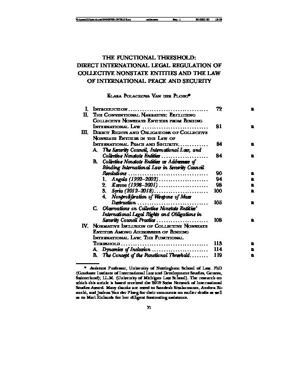 The Functional Threshold: Direct International Legal Regulation of Collective Nonstate Entities and the Law of International Peace and Security Thumbnail