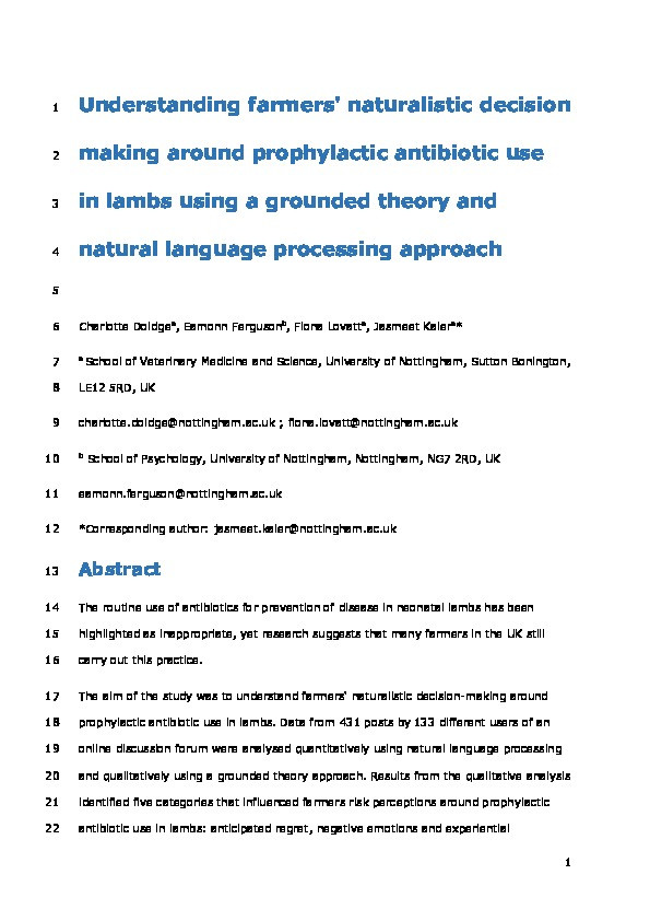 Understanding farmers' naturalistic decision making around prophylactic antibiotic use in lambs using a grounded theory and natural language processing approach Thumbnail