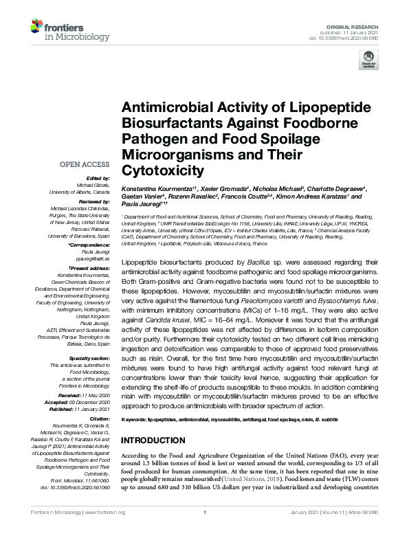 Antimicrobial Activity of Lipopeptide Biosurfactants Against Foodborne Pathogen and Food Spoilage Microorganisms and Their Cytotoxicity Thumbnail